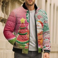Hawaiian Watermelon Mele Kalikimaka Bomber Puffer Jacket Tropical Tribal Pattern with Funny Santa Claus