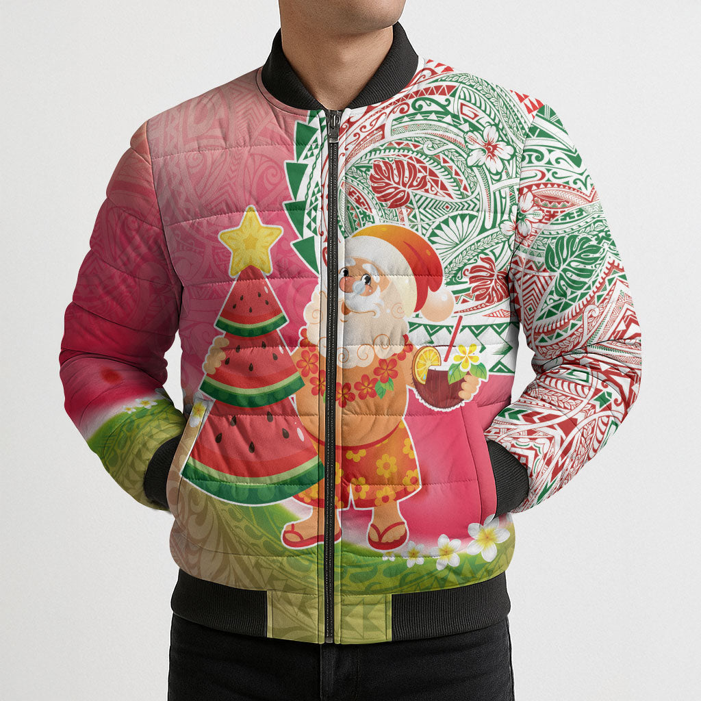 Hawaiian Watermelon Mele Kalikimaka Bomber Puffer Jacket Tropical Tribal Pattern with Funny Santa Claus