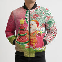 Hawaiian Watermelon Mele Kalikimaka Bomber Puffer Jacket Tropical Tribal Pattern with Funny Santa Claus