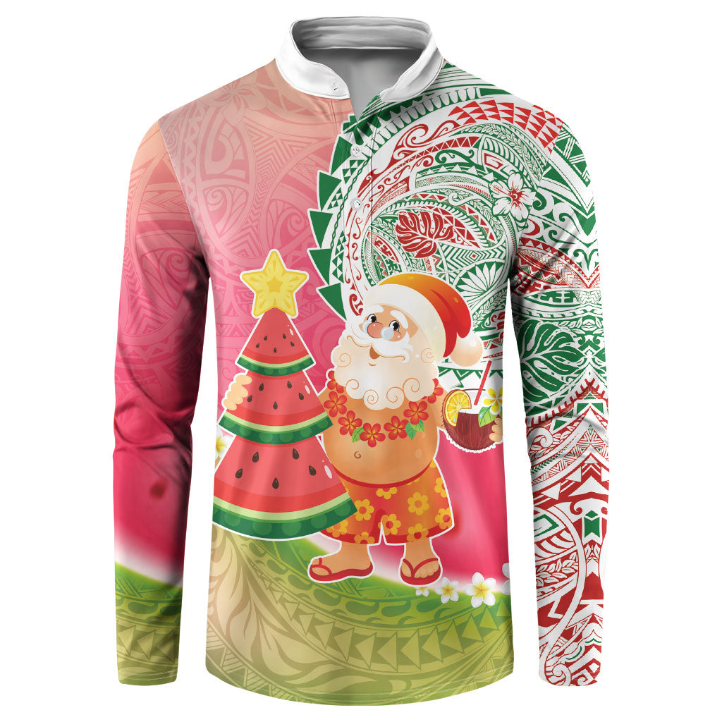Hawaiian Watermelon Mele Kalikimaka Button Sweatshirt Tropical Tribal Pattern with Funny Santa Claus