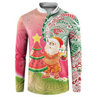 Hawaiian Watermelon Mele Kalikimaka Button Sweatshirt Tropical Tribal Pattern with Funny Santa Claus