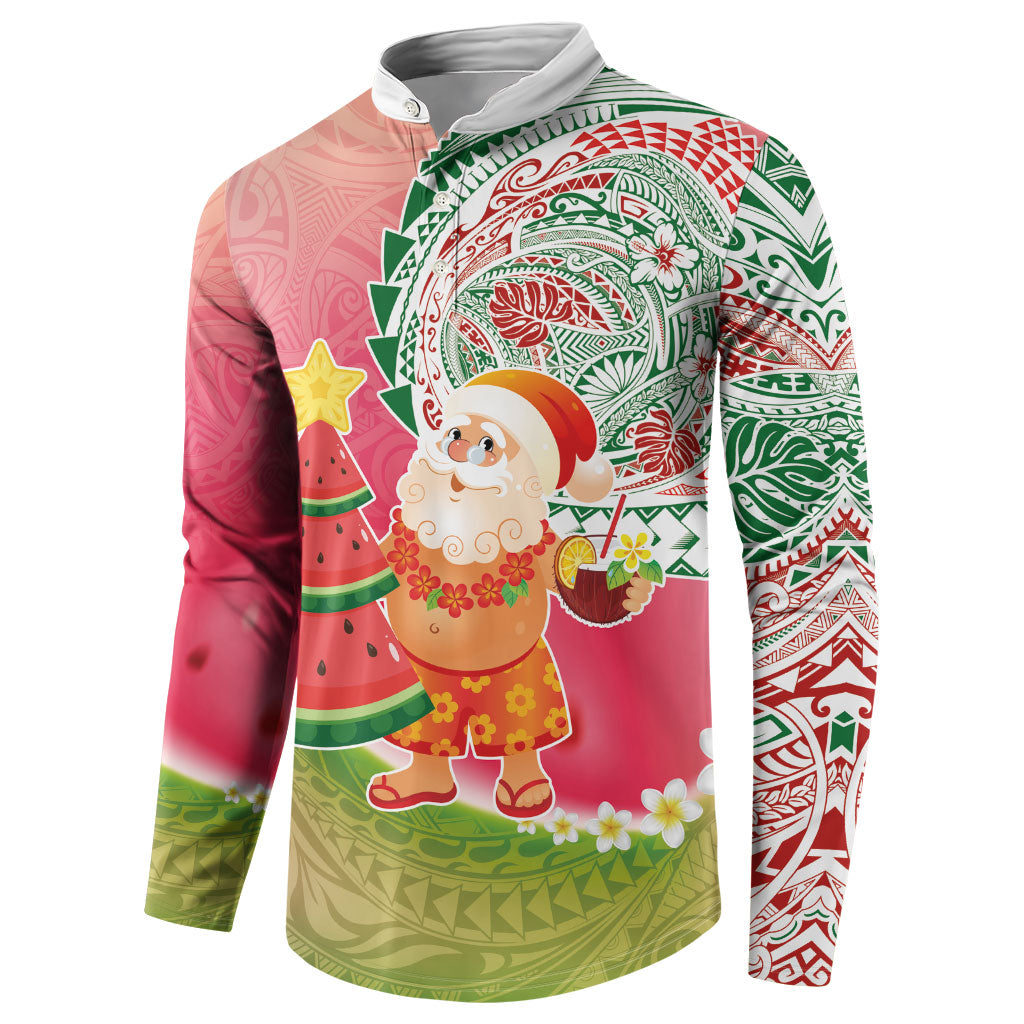 Hawaiian Watermelon Mele Kalikimaka Button Sweatshirt Tropical Tribal Pattern with Funny Santa Claus