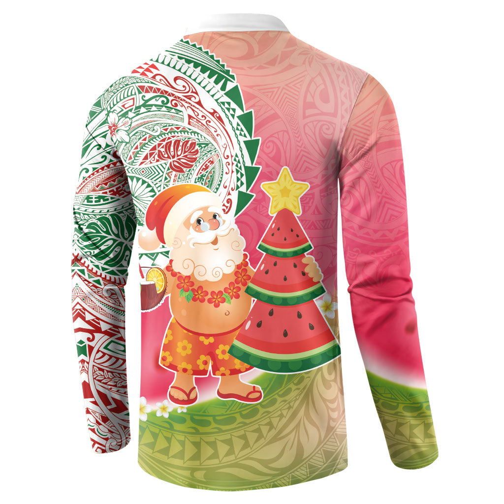Hawaiian Watermelon Mele Kalikimaka Button Sweatshirt Tropical Tribal Pattern with Funny Santa Claus
