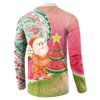 Hawaiian Watermelon Mele Kalikimaka Button Sweatshirt Tropical Tribal Pattern with Funny Santa Claus