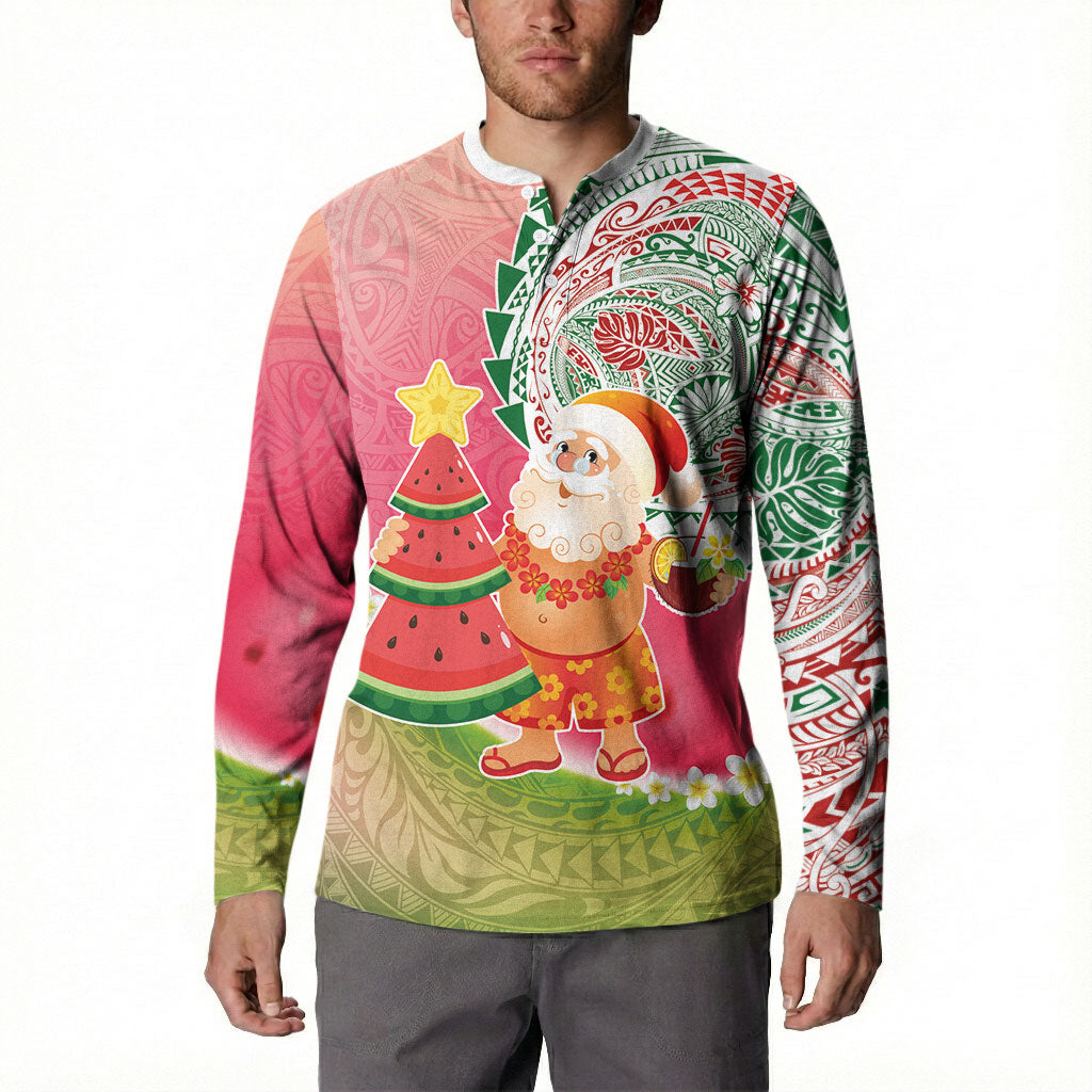 Hawaiian Watermelon Mele Kalikimaka Button Sweatshirt Tropical Tribal Pattern with Funny Santa Claus