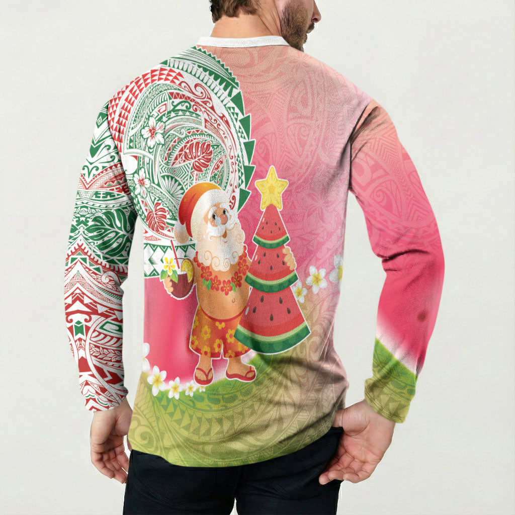Hawaiian Watermelon Mele Kalikimaka Button Sweatshirt Tropical Tribal Pattern with Funny Santa Claus