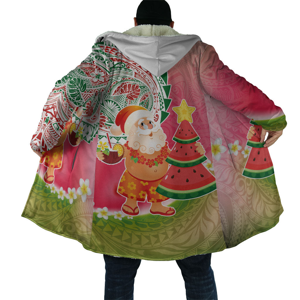 Hawaiian Watermelon Mele Kalikimaka Cloak Tropical Tribal Pattern with Funny Santa Claus