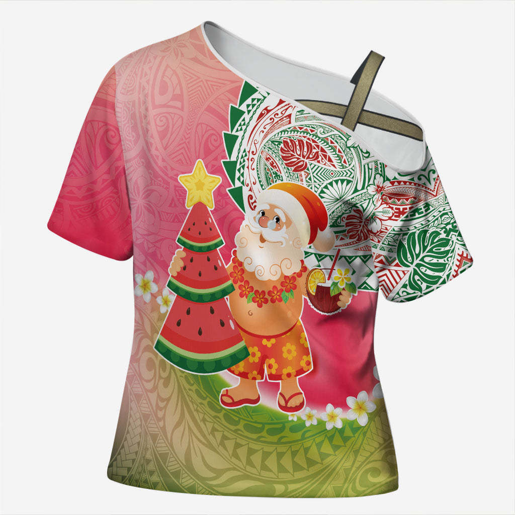 Hawaiian Watermelon Mele Kalikimaka Cross Shoulder Shirt Tropical Tribal Pattern with Funny Santa Claus