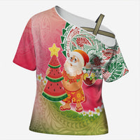 Hawaiian Watermelon Mele Kalikimaka Cross Shoulder Shirt Tropical Tribal Pattern with Funny Santa Claus
