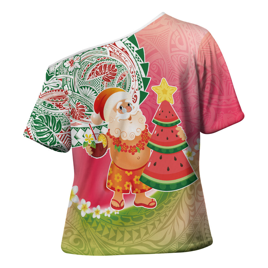 Hawaiian Watermelon Mele Kalikimaka Cross Shoulder Shirt Tropical Tribal Pattern with Funny Santa Claus