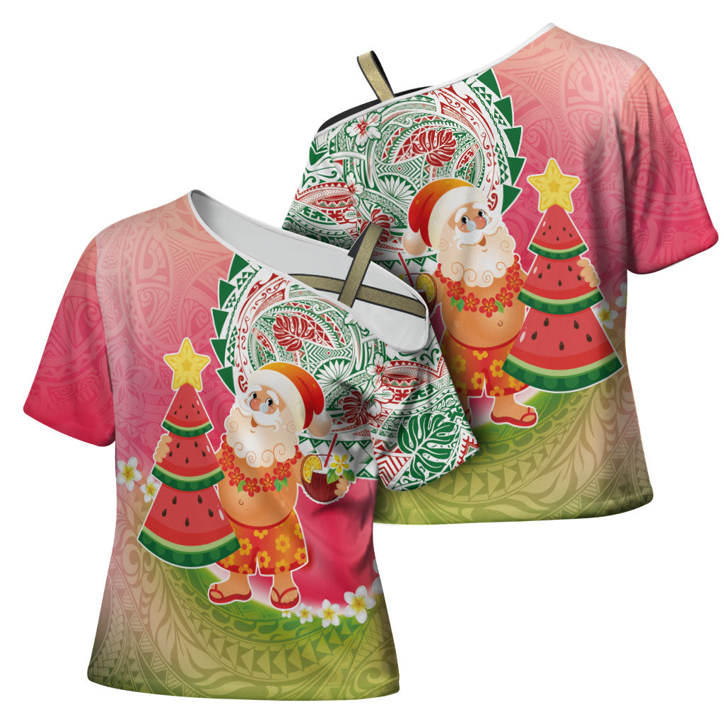 Hawaiian Watermelon Mele Kalikimaka Cross Shoulder Shirt Tropical Tribal Pattern with Funny Santa Claus