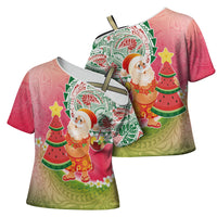 Hawaiian Watermelon Mele Kalikimaka Cross Shoulder Shirt Tropical Tribal Pattern with Funny Santa Claus