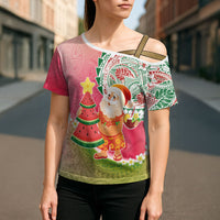 Hawaiian Watermelon Mele Kalikimaka Cross Shoulder Shirt Tropical Tribal Pattern with Funny Santa Claus