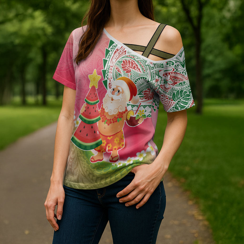 Hawaiian Watermelon Mele Kalikimaka Cross Shoulder Shirt Tropical Tribal Pattern with Funny Santa Claus