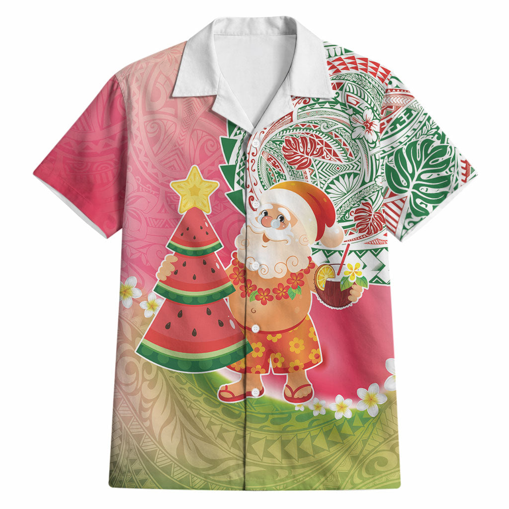 Hawaiian Watermelon Mele Kalikimaka Hawaiian Shirt Tropical Tribal Pattern with Funny Santa Claus