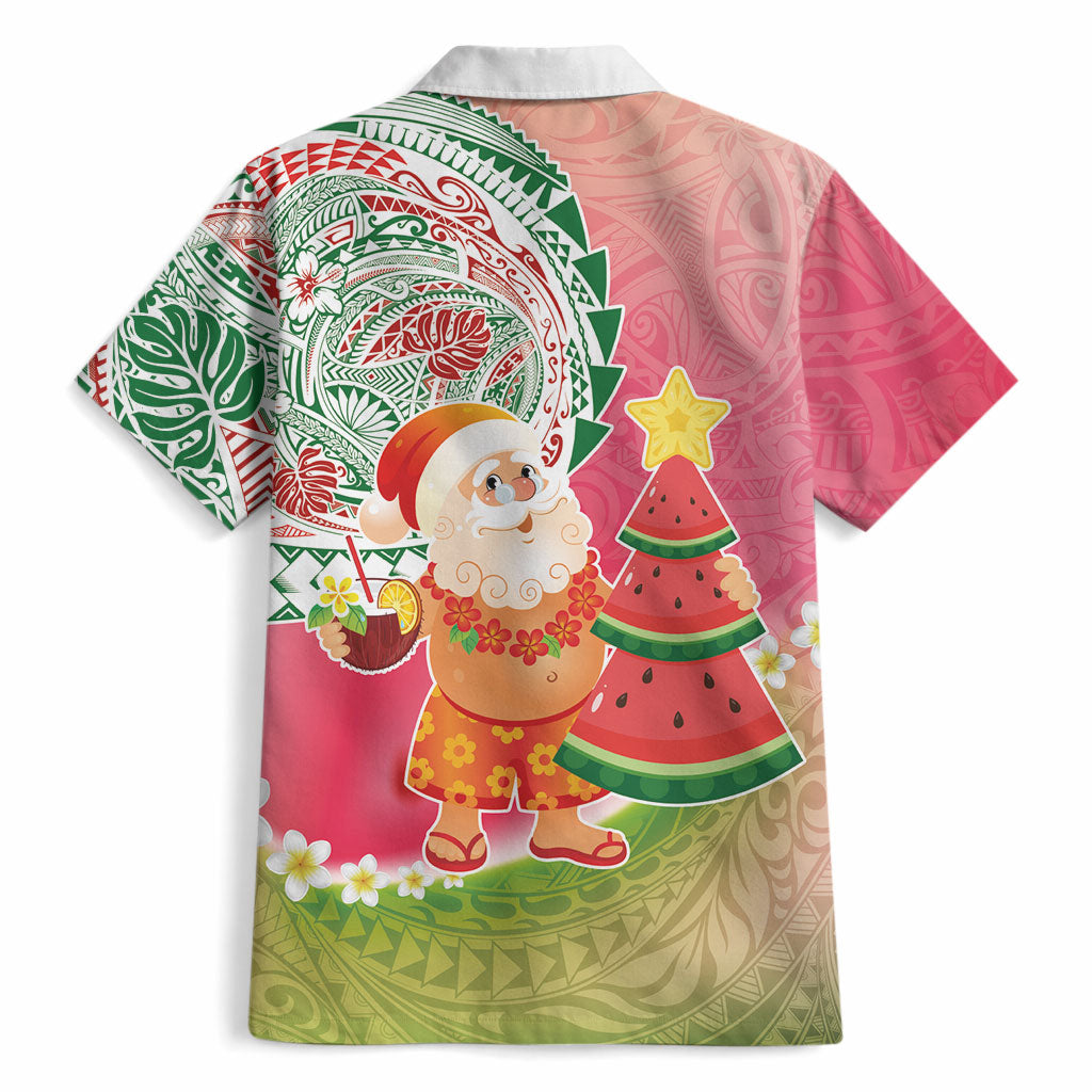 Hawaiian Watermelon Mele Kalikimaka Hawaiian Shirt Tropical Tribal Pattern with Funny Santa Claus