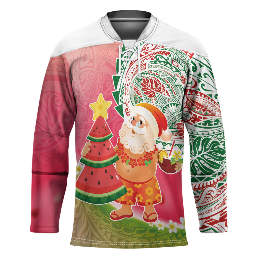 Hawaiian Watermelon Mele Kalikimaka Hockey Jersey Tropical Tribal Pattern with Funny Santa Claus