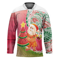 Hawaiian Watermelon Mele Kalikimaka Hockey Jersey Tropical Tribal Pattern with Funny Santa Claus