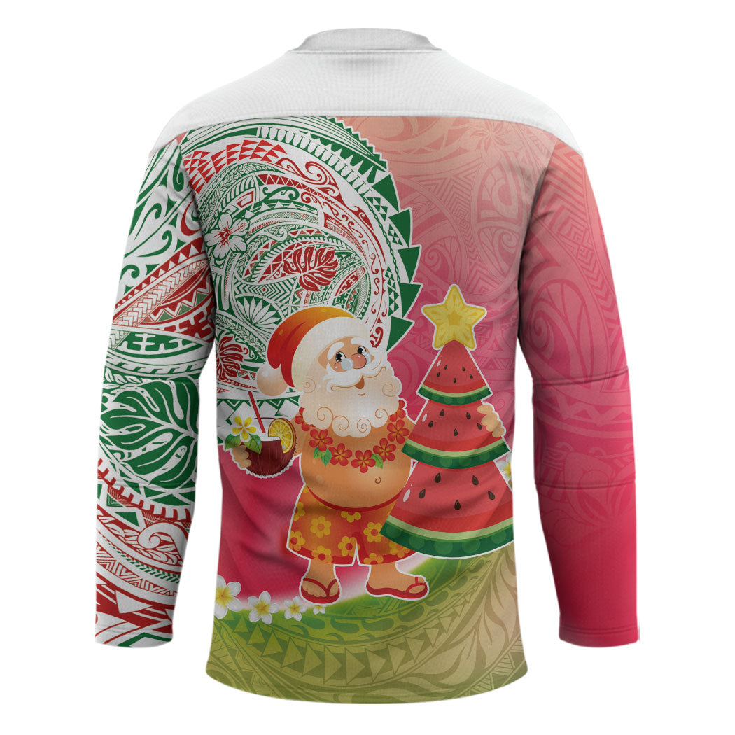 Hawaiian Watermelon Mele Kalikimaka Hockey Jersey Tropical Tribal Pattern with Funny Santa Claus