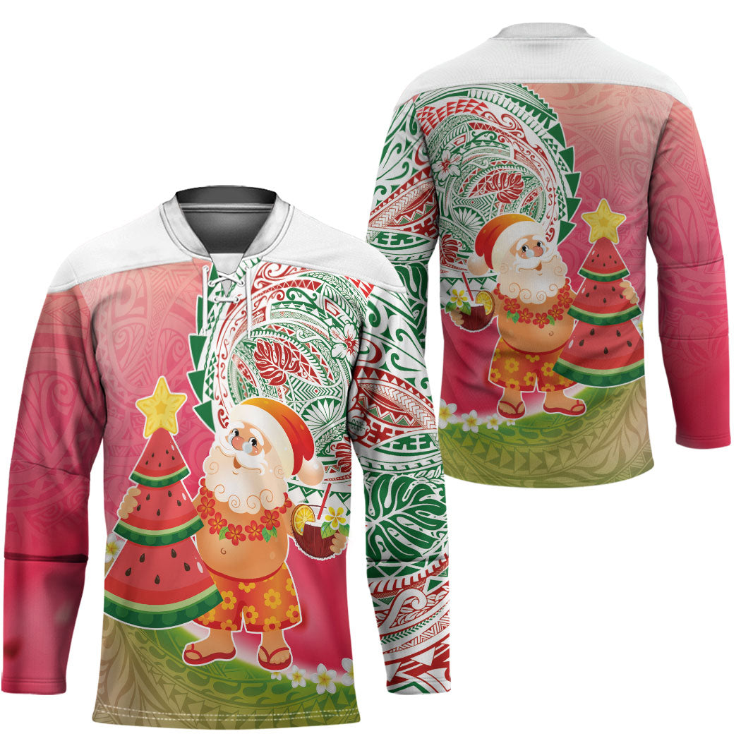 Hawaiian Watermelon Mele Kalikimaka Hockey Jersey Tropical Tribal Pattern with Funny Santa Claus
