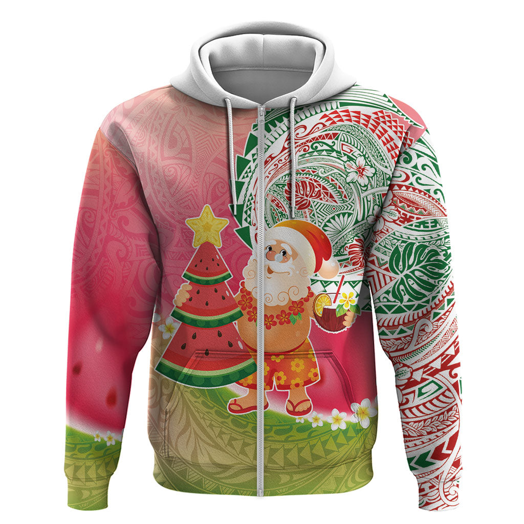 Hawaiian Watermelon Mele Kalikimaka Hoodie Tropical Tribal Pattern with Funny Santa Claus