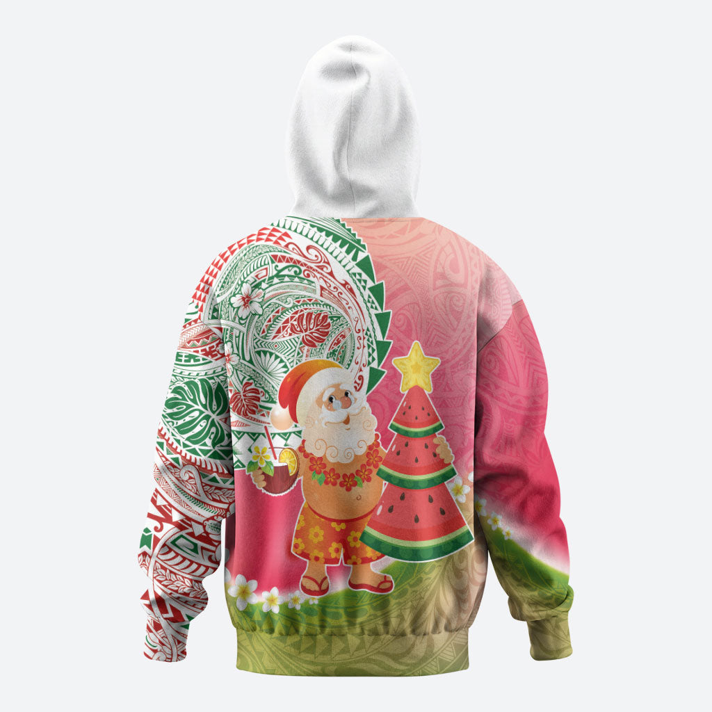Hawaiian Watermelon Mele Kalikimaka Hoodie Tropical Tribal Pattern with Funny Santa Claus
