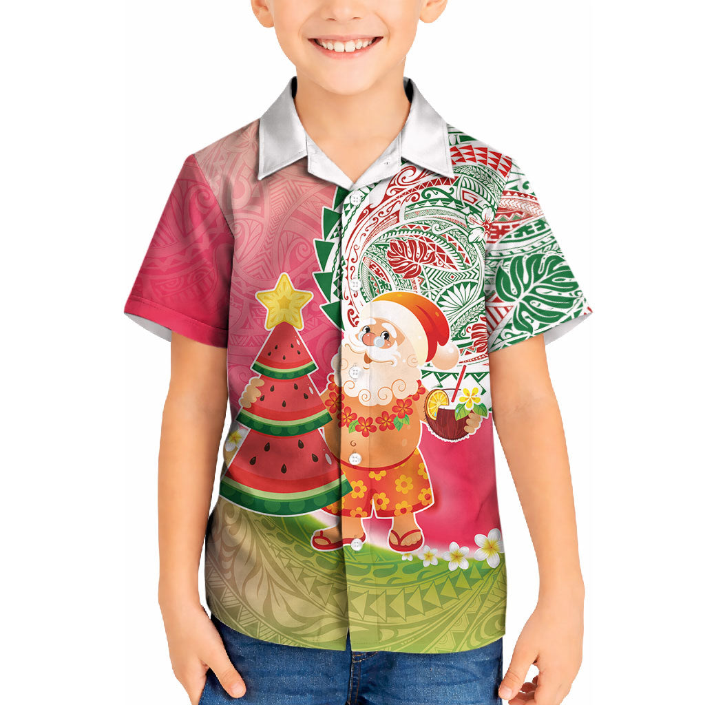 Hawaiian Watermelon Mele Kalikimaka Kid Hawaiian Shirt Tropical Tribal Pattern with Funny Santa Claus