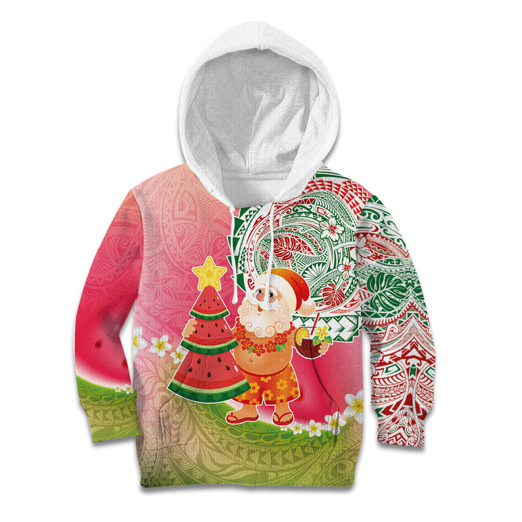 Hawaiian Watermelon Mele Kalikimaka Kid Hoodie Tropical Tribal Pattern with Funny Santa Claus