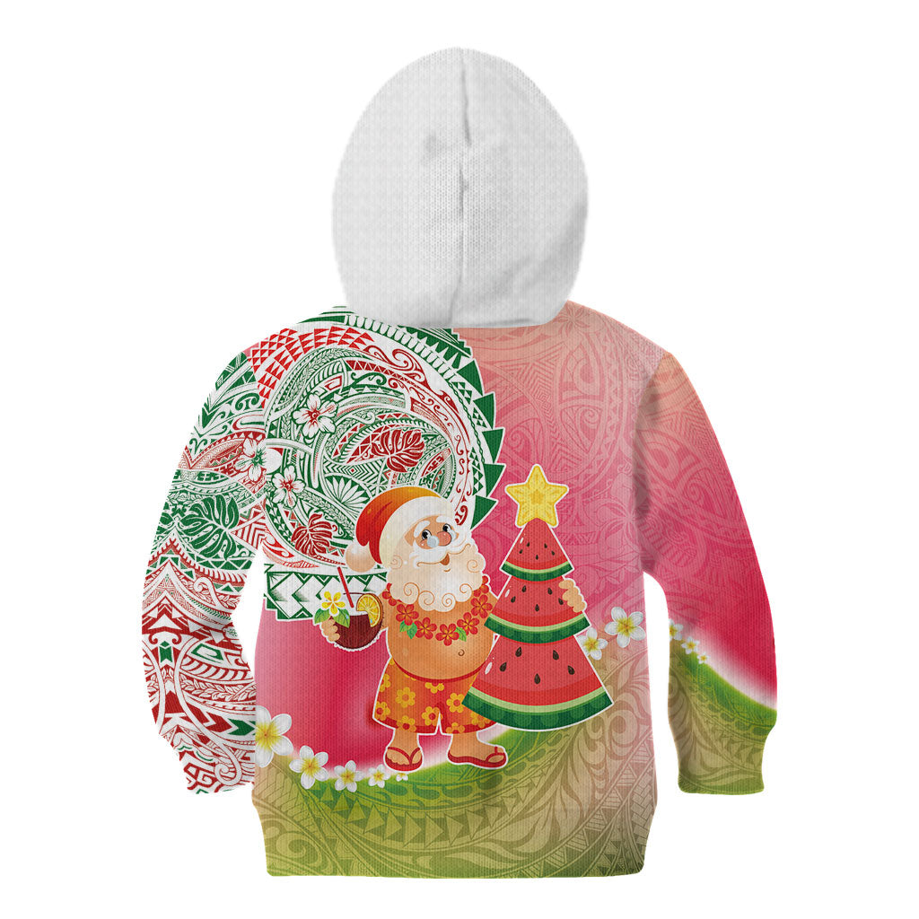 Hawaiian Watermelon Mele Kalikimaka Kid Hoodie Tropical Tribal Pattern with Funny Santa Claus