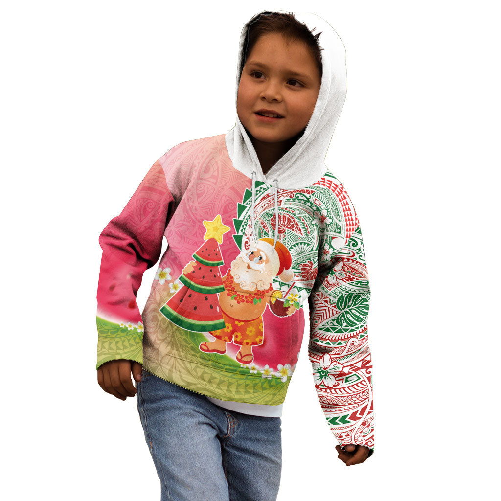 Hawaiian Watermelon Mele Kalikimaka Kid Hoodie Tropical Tribal Pattern with Funny Santa Claus