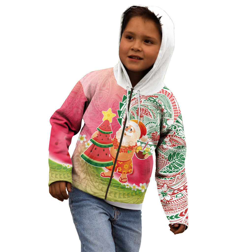 Hawaiian Watermelon Mele Kalikimaka Kid Hoodie Tropical Tribal Pattern with Funny Santa Claus