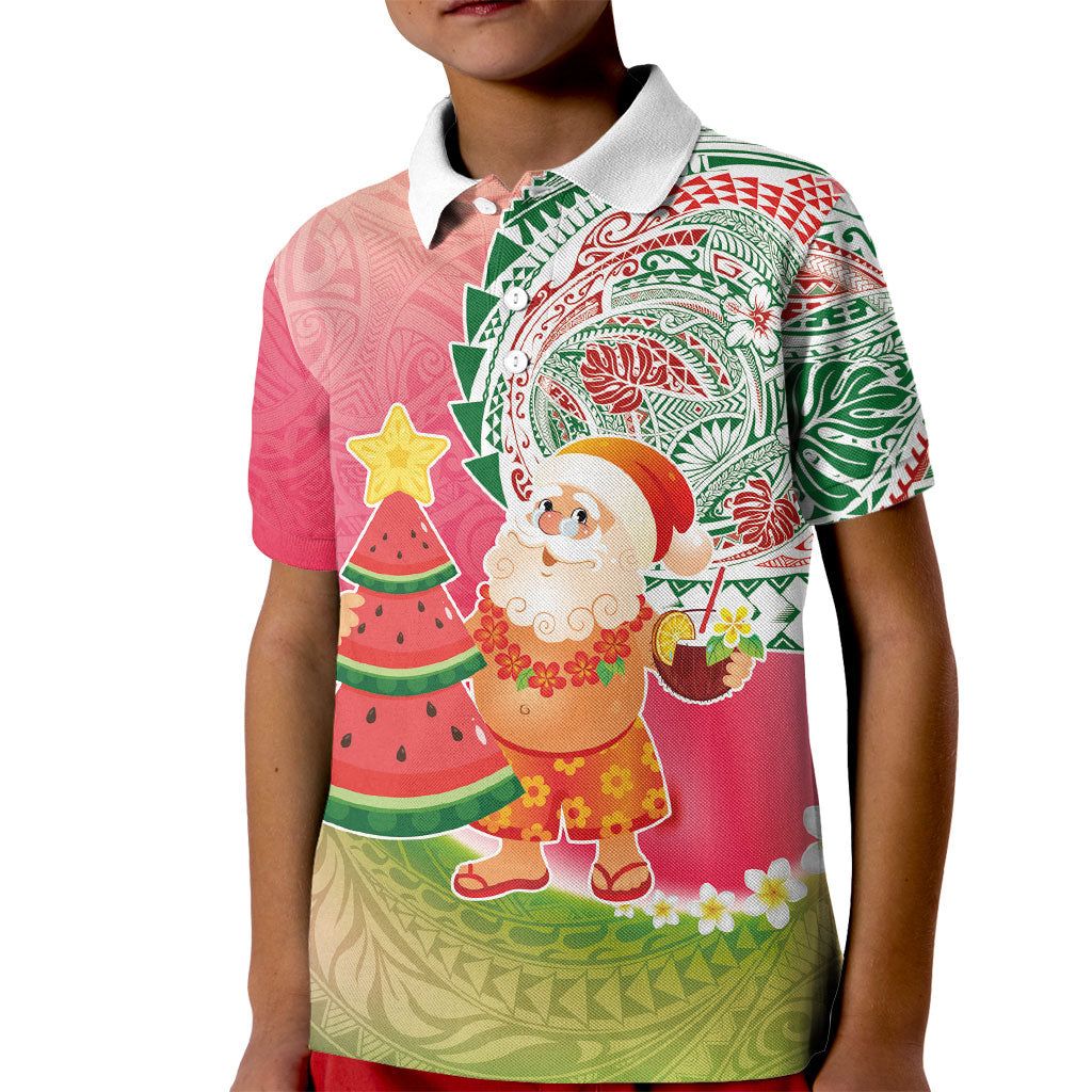 Hawaiian Watermelon Mele Kalikimaka Kid Polo Shirt Tropical Tribal Pattern with Funny Santa Claus