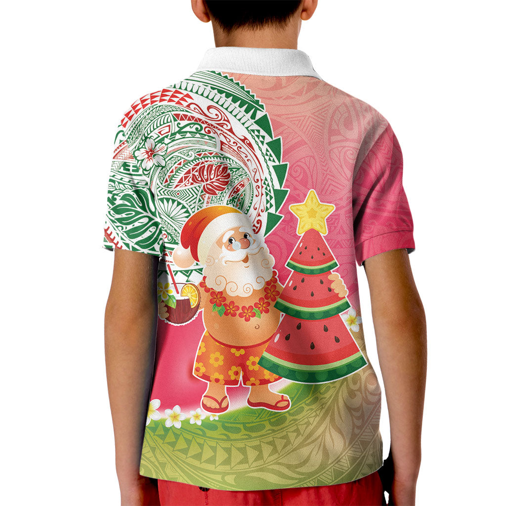 Hawaiian Watermelon Mele Kalikimaka Kid Polo Shirt Tropical Tribal Pattern with Funny Santa Claus
