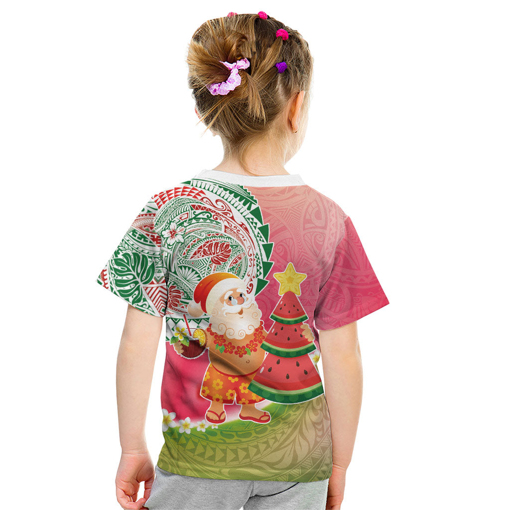 Hawaiian Watermelon Mele Kalikimaka Kid T Shirt Tropical Tribal Pattern with Funny Santa Claus
