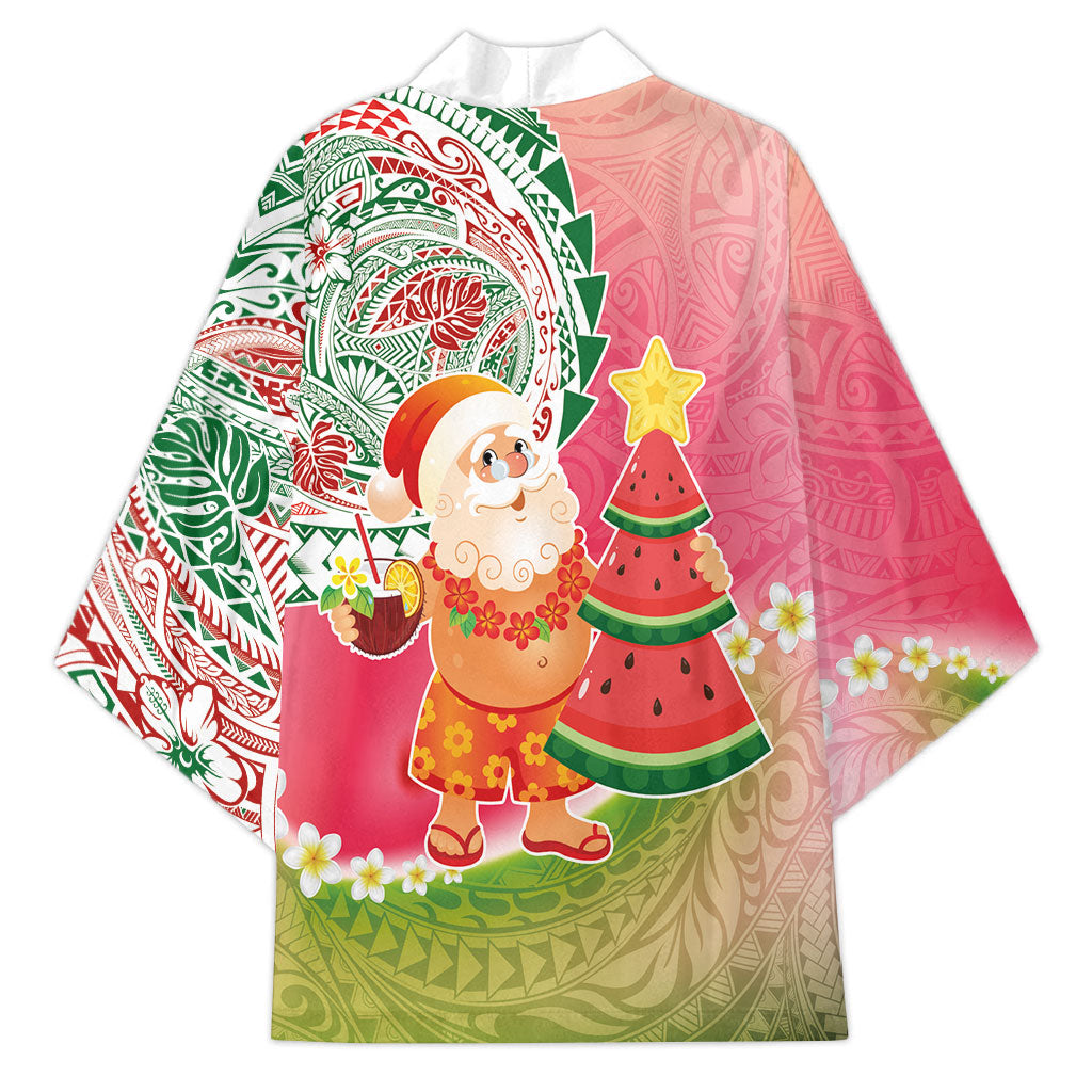 Hawaiian Watermelon Mele Kalikimaka Kimono Tropical Tribal Pattern with Funny Santa Claus
