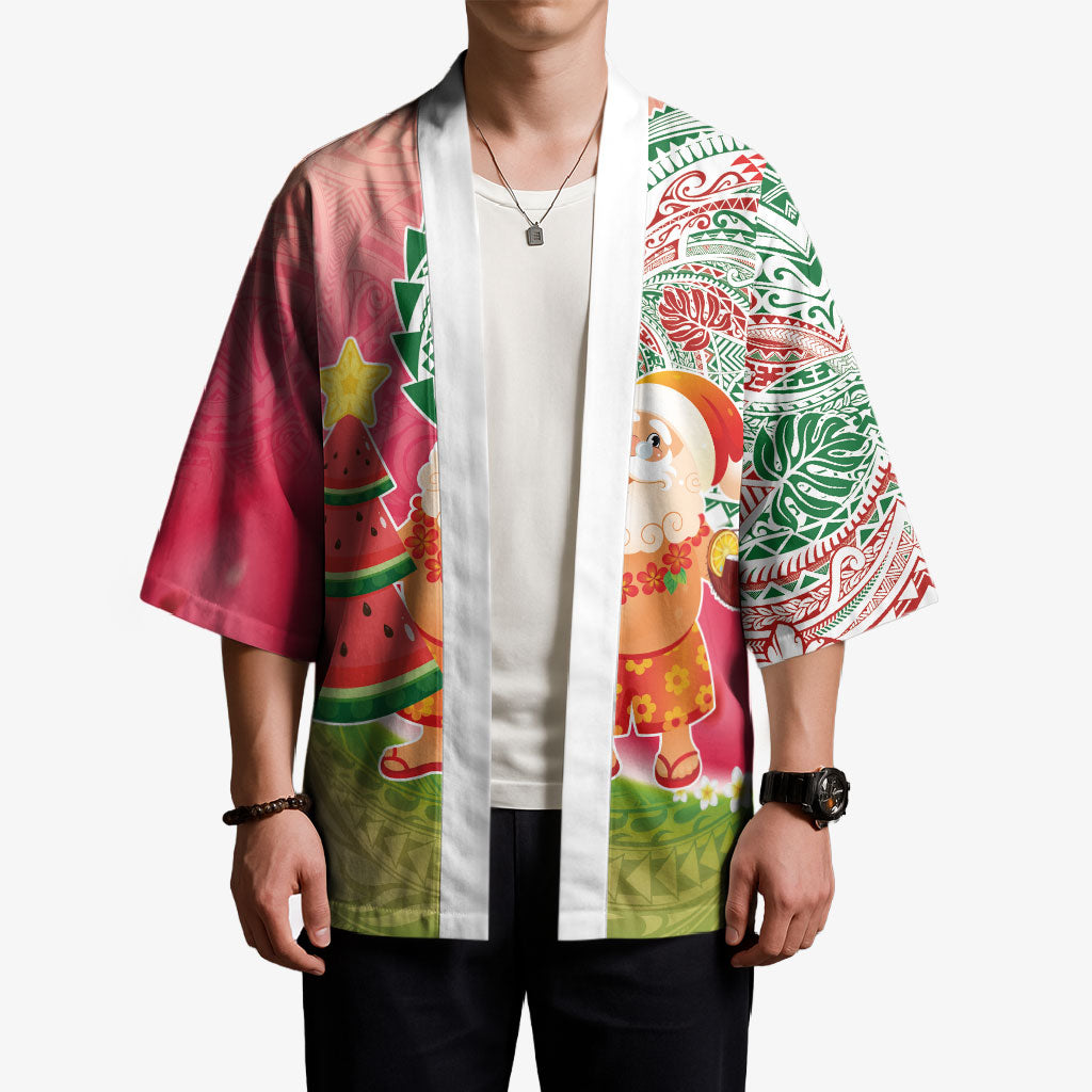 Hawaiian Watermelon Mele Kalikimaka Kimono Tropical Tribal Pattern with Funny Santa Claus