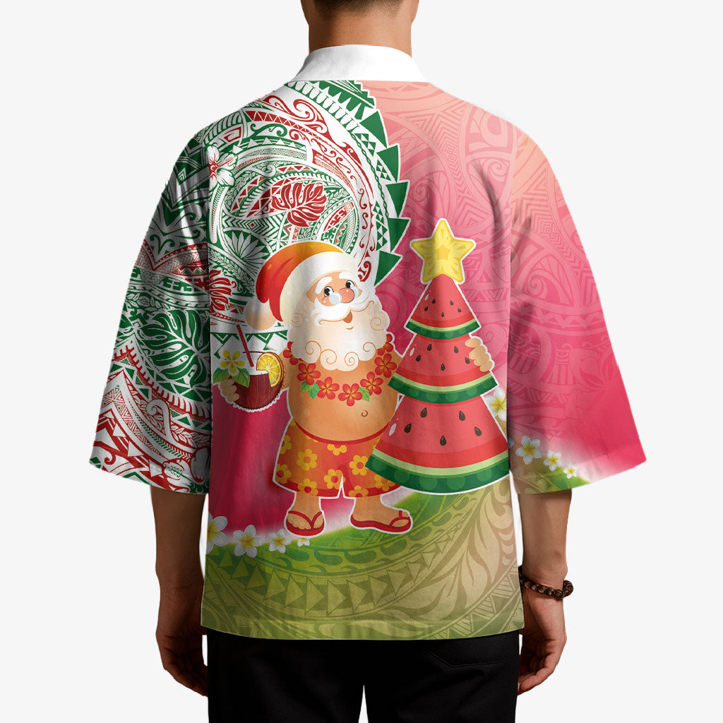 Hawaiian Watermelon Mele Kalikimaka Kimono Tropical Tribal Pattern with Funny Santa Claus