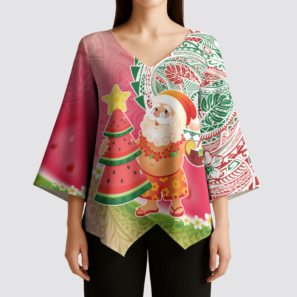 Hawaiian Watermelon Mele Kalikimaka Kimono Sleeve Blouse Tropical Tribal Pattern with Funny Santa Claus