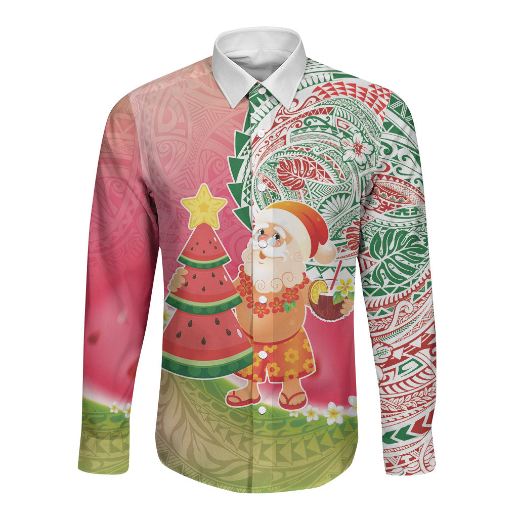 Hawaiian Watermelon Mele Kalikimaka Long Sleeve Button Shirt Tropical Tribal Pattern with Funny Santa Claus
