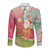 Hawaiian Watermelon Mele Kalikimaka Long Sleeve Button Shirt Tropical Tribal Pattern with Funny Santa Claus