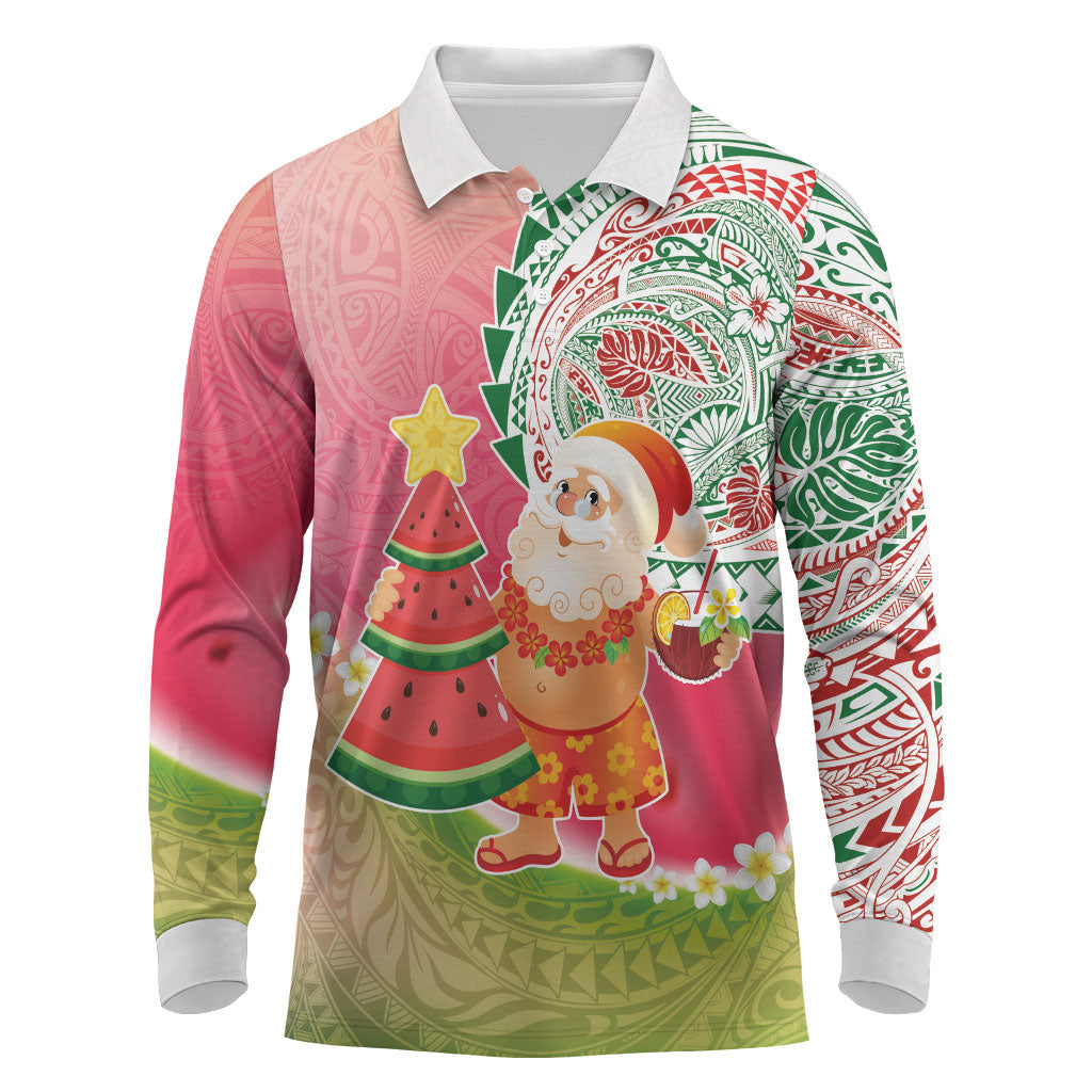 Hawaiian Watermelon Mele Kalikimaka Long Sleeve Polo Shirt Tropical Tribal Pattern with Funny Santa Claus