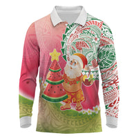 Hawaiian Watermelon Mele Kalikimaka Long Sleeve Polo Shirt Tropical Tribal Pattern with Funny Santa Claus