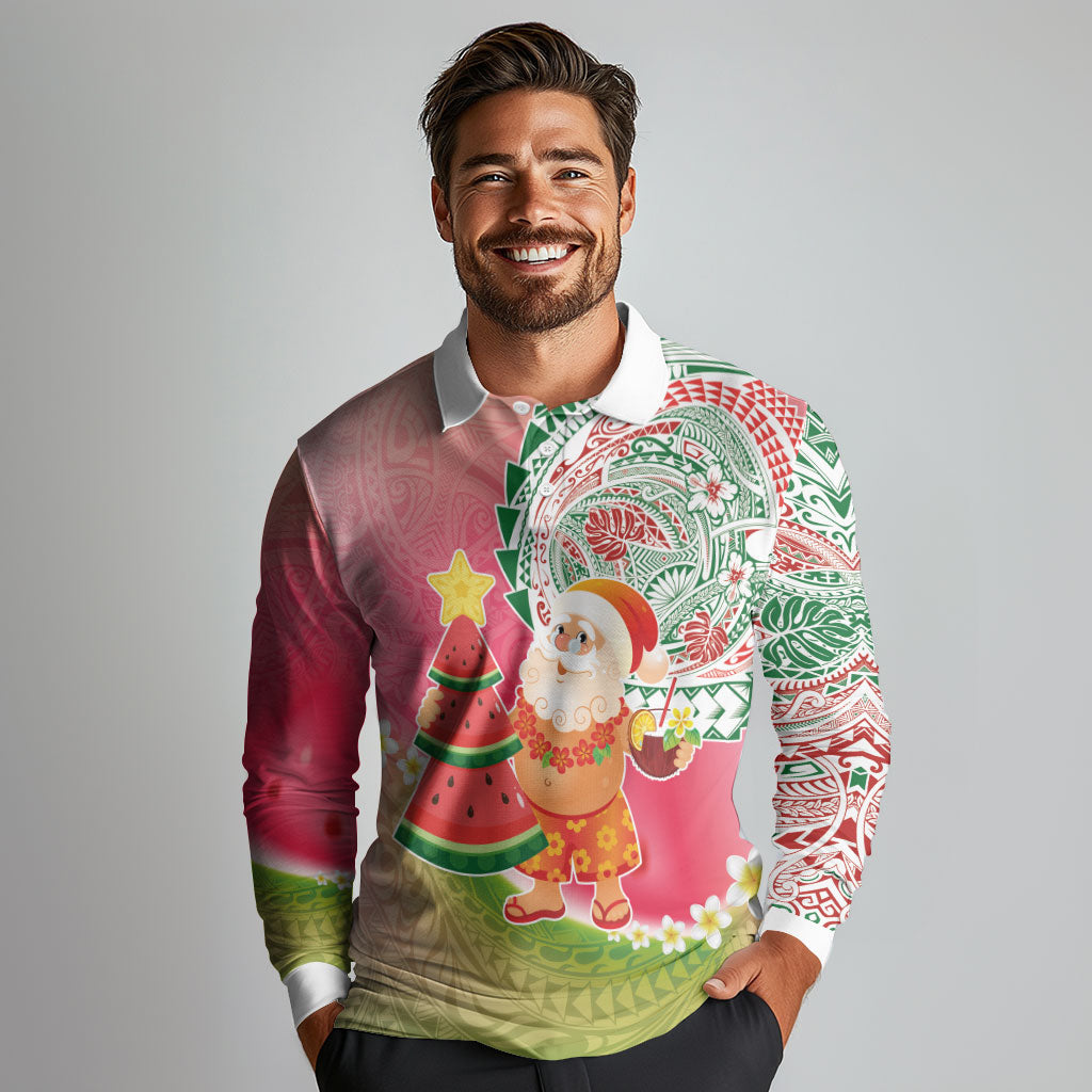 Hawaiian Watermelon Mele Kalikimaka Long Sleeve Polo Shirt Tropical Tribal Pattern with Funny Santa Claus