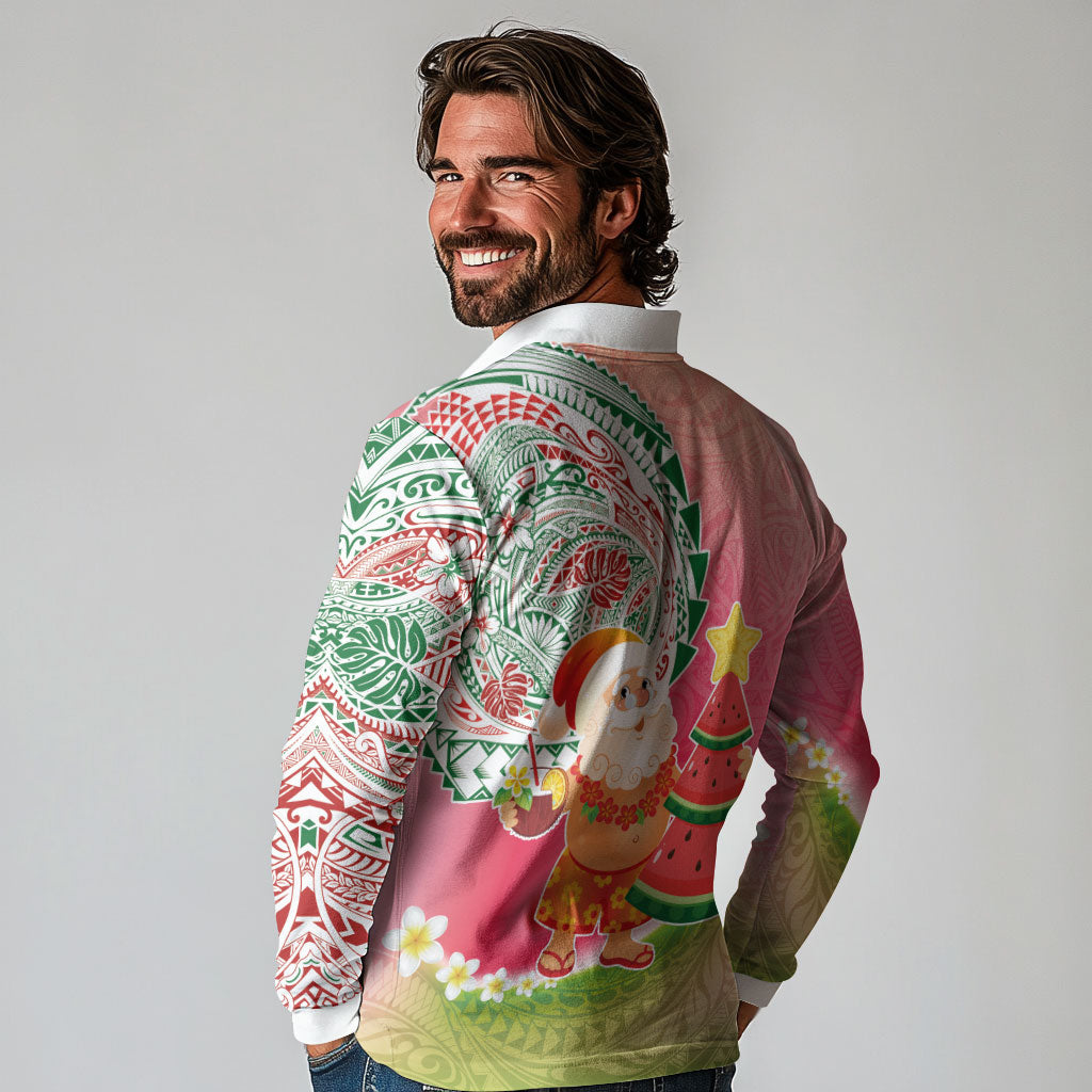Hawaiian Watermelon Mele Kalikimaka Long Sleeve Polo Shirt Tropical Tribal Pattern with Funny Santa Claus
