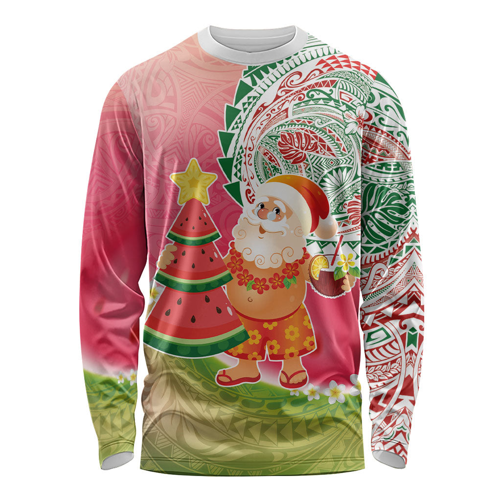 Hawaiian Watermelon Mele Kalikimaka Long Sleeve Shirt Tropical Tribal Pattern with Funny Santa Claus