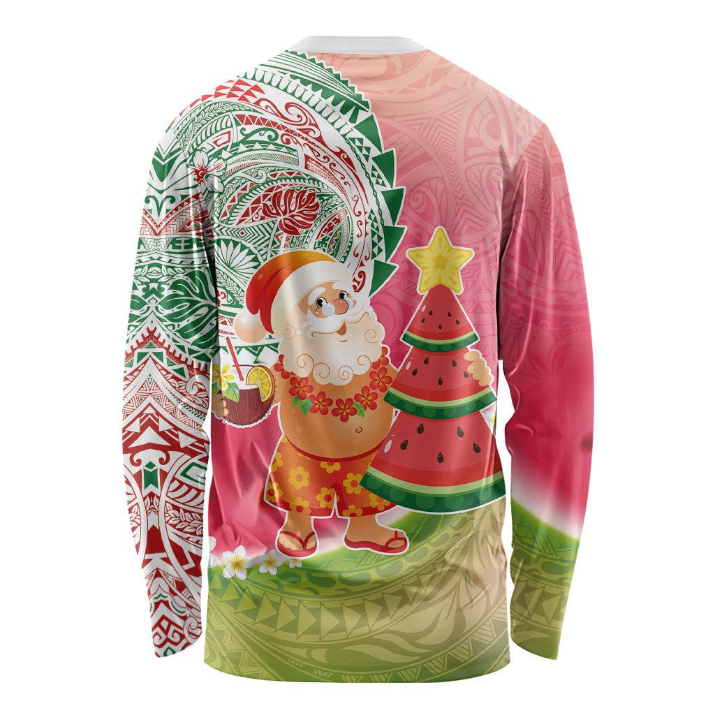 Hawaiian Watermelon Mele Kalikimaka Long Sleeve Shirt Tropical Tribal Pattern with Funny Santa Claus