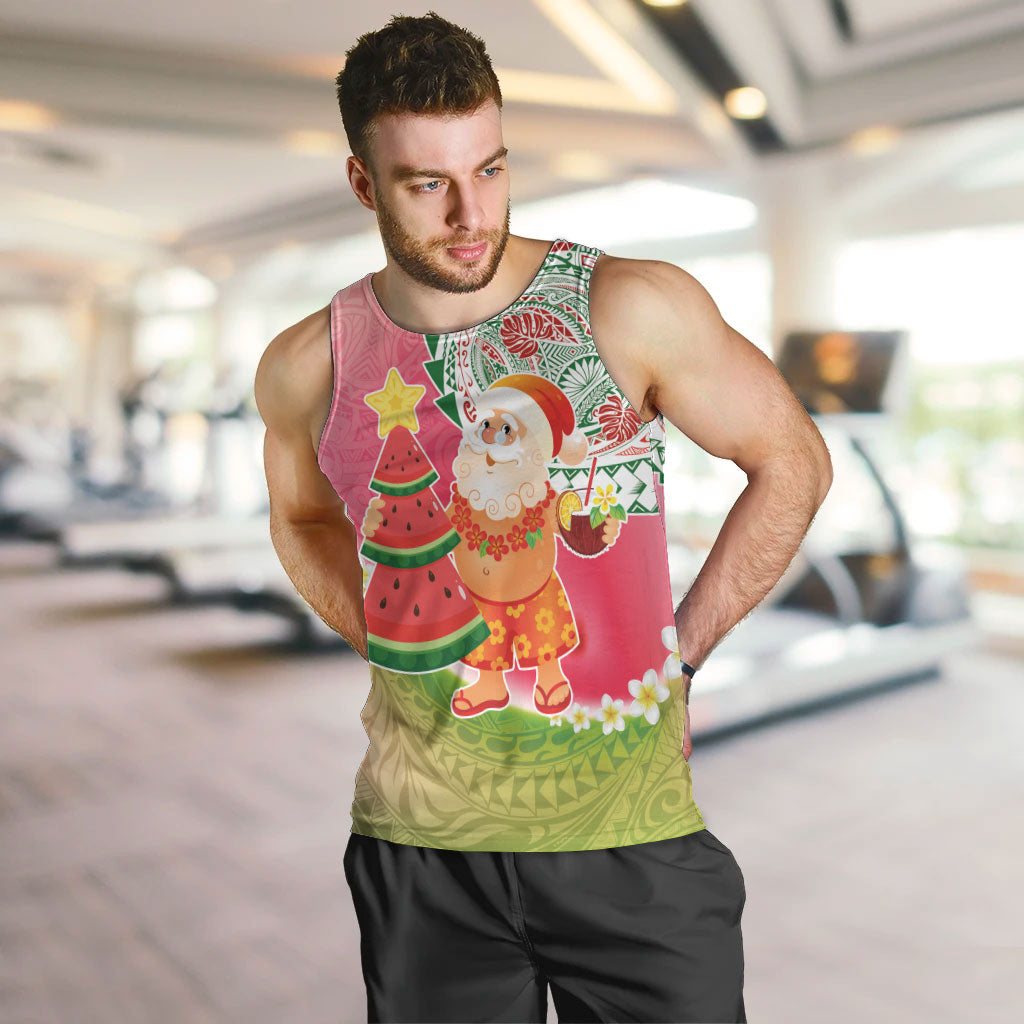Hawaiian Watermelon Mele Kalikimaka Men Tank Top Tropical Tribal Pattern with Funny Santa Claus