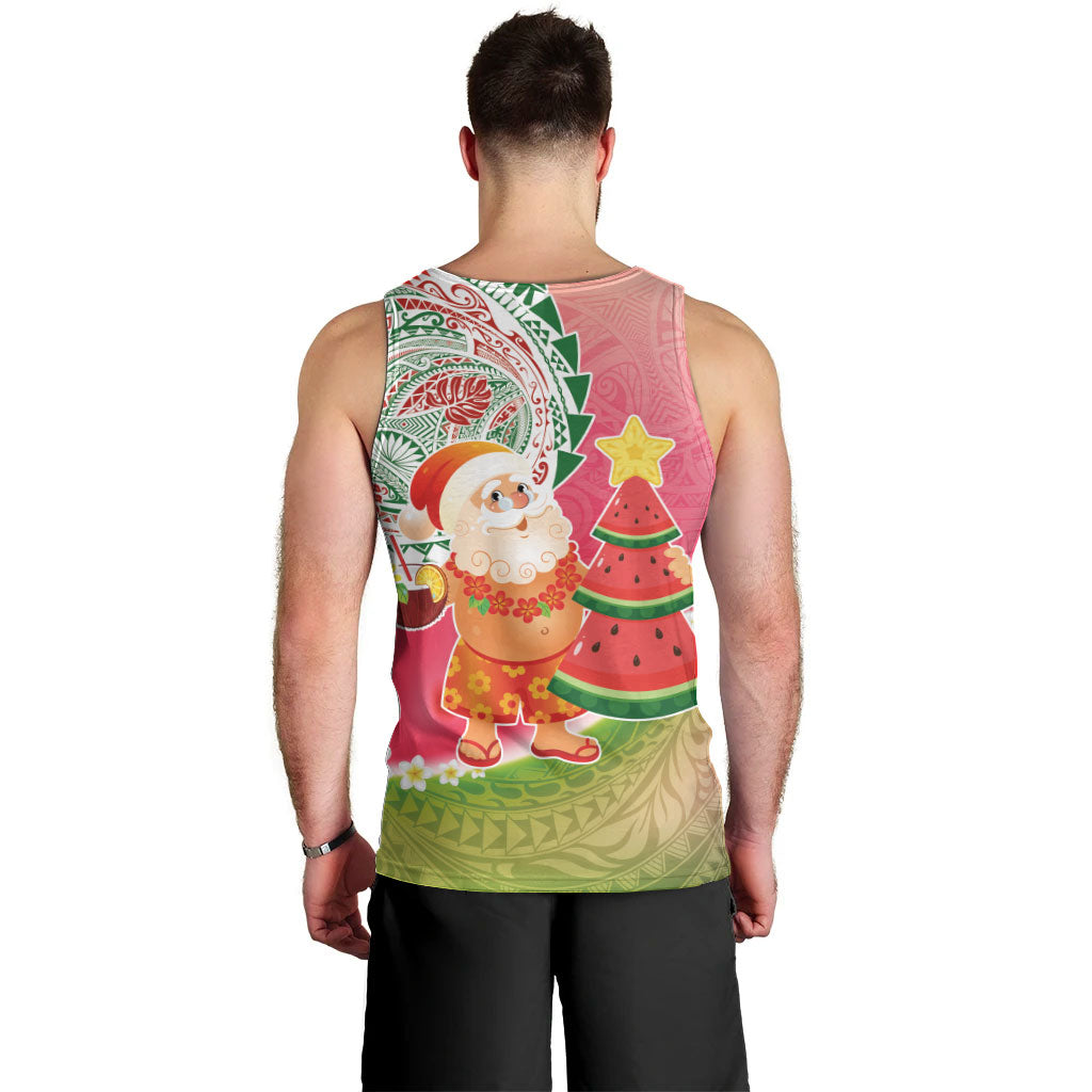 Hawaiian Watermelon Mele Kalikimaka Men Tank Top Tropical Tribal Pattern with Funny Santa Claus