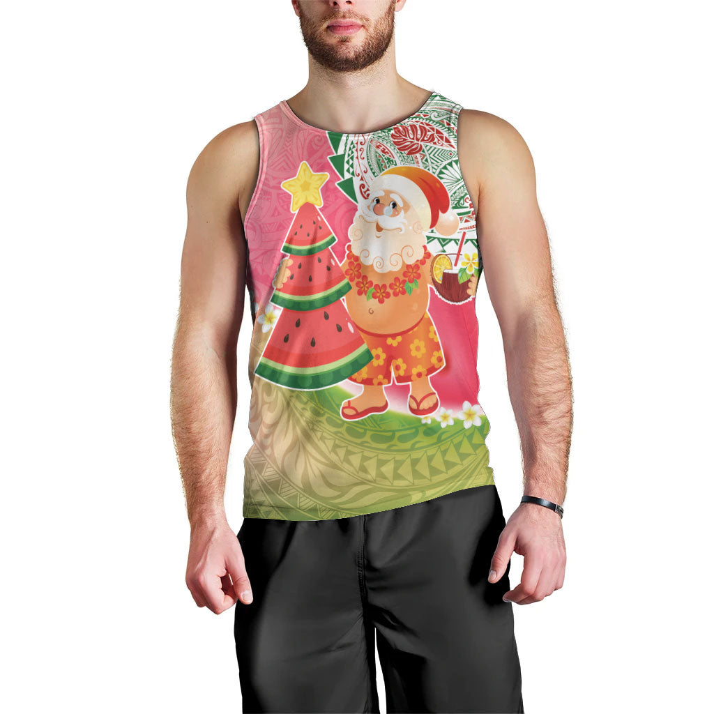 Hawaiian Watermelon Mele Kalikimaka Men Tank Top Tropical Tribal Pattern with Funny Santa Claus