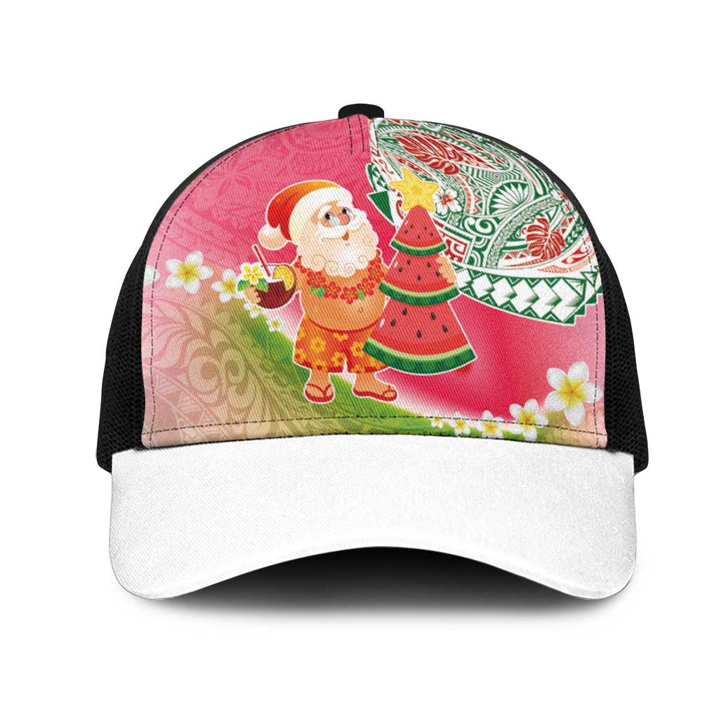Hawaiian Watermelon Mele Kalikimaka Mesh Trucker Cap Tropical Tribal Pattern with Funny Santa Claus